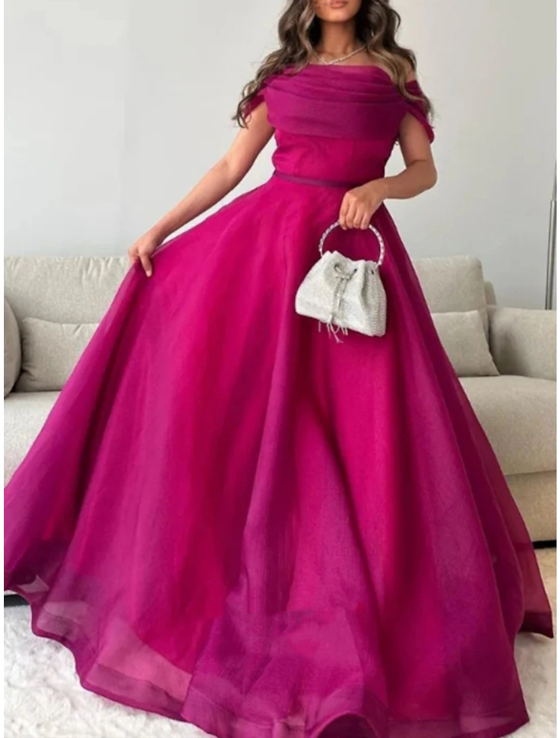 A-Line Prom Dresses Elegant Dress Formal Sweep / Brush Train Short Sleeve Off Shoulder Tulle with Pleats Ruched 2025